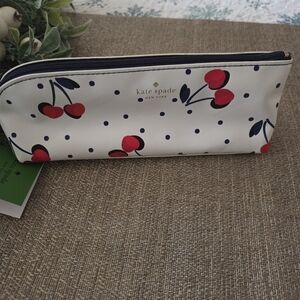 kate spade cream cherry print zip pouch with navy accents